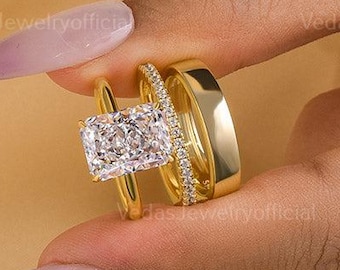 3 CT Radiant Cut Moissanite Engagement Ring Diamond Bridal Ring Set Gift For Her Wedding Eternity Radiant Band Anniversary Ring For Women
