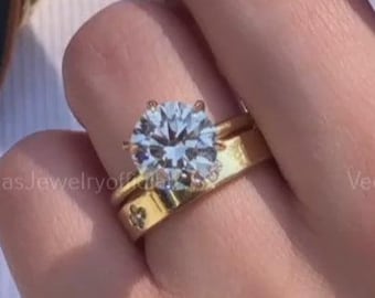2.5ct Round Moissanite Engagement Ring Set, Solitaire Wedding Ring Set With Wedding Band, 14K Solid Yellow Gold, White Gold, Or Rose Gold
