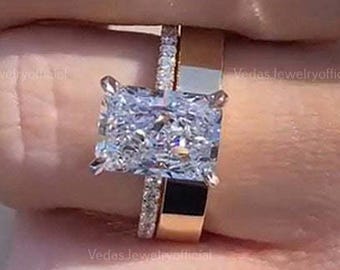 2.5CT Radiant Cut Solitaire Engagement Ring Paired With 3.5mm Flat Solid Gold Matching Band Cigar Band Bridal Wedding Ring Set Gift For Her