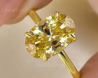 3.5 CT Oval Canary Yellow Moissanite Ring, Hidden Halo Crushed Ice Solitaire Wedding Ring, Unique Engagement Gift for Her