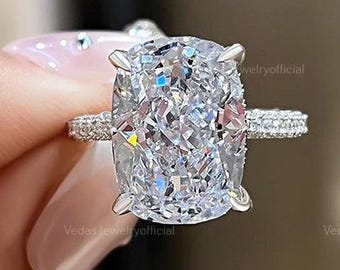 4CT Elongated Cushion Cut Moissanite Wedding Ring, Three Side Micro Pave Half Eternity Women Ring, Hidden Halo Moissanite Wedding Ring