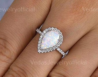 Opal Halo Engagement Ring Art Deco Engagement Ring Opal Wedding Ring Pear Opal Diamond Ring Pear Opal Halo Engagement Promise Minimalist
