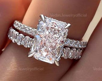 3 CT Radiant Cut Moissanite Engagement Diamond Ring Bridal Set Gift For Her Wedding Band Promise Ring Solid Gold Wedding Ring Set
