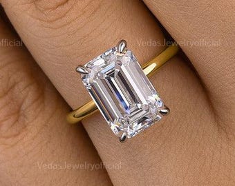 3CT Elongated Emerald Cut Moissanite Engagement Ring, Hidden Halo Solitaire Ring, Emerald Cut Diamond Wedding Ring, Anniversary Ring