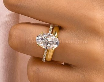 14K Solid Gold Ring Set, Oval Engagement Ring Set, 11x8mm Delicate Oval Solitaire Ring With Plain Gold Wedding Band Bridal Set,Promise Rings