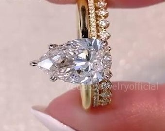 3.00 CT Pear Moissanite Bridal Set White Gold Teardrop Engagement Ring with Pavé Band Elegant Double Band Wedding Ring Set