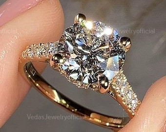 2.5ct Round Cut Moissanite Engagement Ring, Unique Pave Wedding Ring, 4 Prongs Solitaire Ring, Vintage Ring, Invisible Halo ring