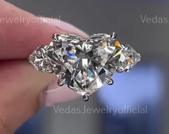 3.0 Ct Heart Cut Moissanite Engagement Ring, Three Stone Bridal Ring Unique Promise Ring, Perfect Gift for Women