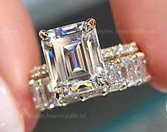 3 CT Emerald Cut Moissanite Wedding Ring Set: Vintage Bridal Set