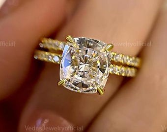 2.50 Ct Cushion Cut Moissanite Wedding Ring Set Cushion Cut Engagement Ring Hidden Halo Anniversary Ring Set Anniversary Gift Promise Ring