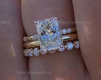 3 CT Radiant Cut Moissanite Trio Bridal Ring Set Engagement ring set 14K Gold Wedding Ring Set Trilogy Ring Set Anniversary Ring Set Gift