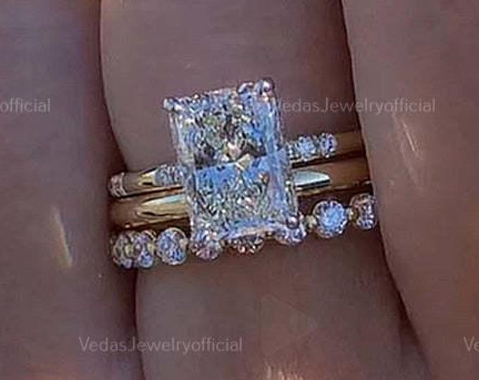 Featured listing image: 3 CT Radiant Cut Moissanite Trio Bridal Ring Set Engagement ring set 14K Gold Wedding Ring Set Trilogy Ring Set Anniversary Ring Set Gift