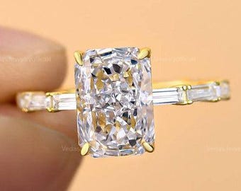 2 CT Radiant Cut Moissanite Stone Ring, Unique Baguette Side Stone Wedding Engagement Ring, Perfect Bridal Promise Gift