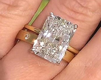 4 CT Elongated Radiant Moissanite Ring Set, Classic Bridal Engagement Ring and 3mm Wedding Band, Anniversary Gift