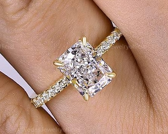 1.5CT Radiant Cut Moissanite Engagement Ring, Radiant Cut Hidden Halo Moissanite Ring, Art Deco Wedding Ring, Pave Moissanite Ring
