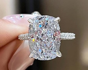 3.5CT Elongated Cushion Cut Moissanite Wedding Ring, Three Side Micro Pave Half Eternity Women Ring, Hidden Halo Moissanite Wedding Ring