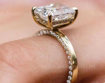4 CT Radiant Cut Moissanite Engagement Ring, Hidden Halo Solitaire, Promise Ring, Anniversary Gift for Women 4-Prong Diamond Ring