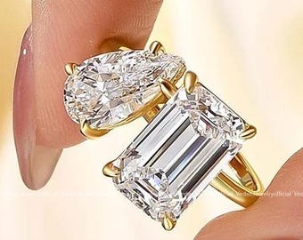 Emerald Pear Moissanite Toi et Moi Ring: Sterling Silver Floral Engagement