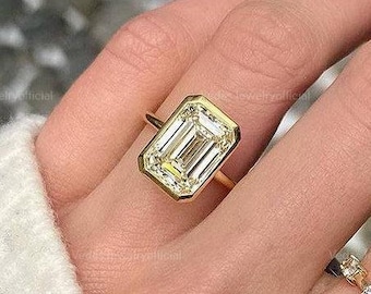 4.0 CT Minimalist Engagement Ring, Emerald Cut Bezel Set in 14k Gold, Handcrafted Jewelry for Elegant Anniversary Gifts