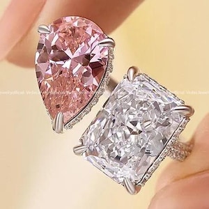 Pink Pear & Radiant Moissanite Toi et Moi Ring: 14K White Gold