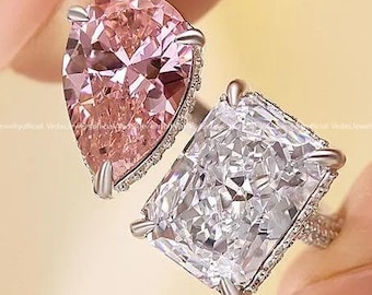 Pink Pear & Radiant Moissanite Toi et Moi Ring: 14K White Gold