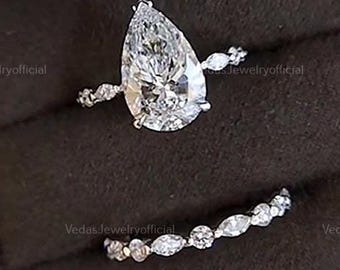 2.50 CT Pear Cut Moissanite Halo Engagement Ring Set, Vintage Art Deco Bridal Set, 14k/18k Gold Eternity Bands