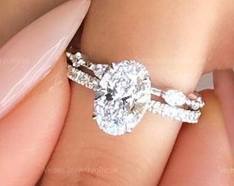 3 CT Oval Moissanite Engagement Bridal Set Ring Gift For Her Wedding Band Promise Ring Set Wedding Gift Stylish Bridal Set Ring For Gift