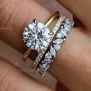 Anello di fidanzamento con moissanite taglio brillante rotondo, incastonato in pavé, fede nuziale abbinata, anello nuziale in argento sterling 925, set nuziale per donna