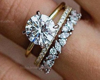 Round Brilliant Cut Moissanite Engagement Ring Set Pave Setting Bridal Matching Band 925 Sterling Silver Wedding Ring Bridal Set For Women