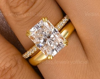 3 CT Elongated Radiant Moissanite Ring Set, Classic Bridal Engagement Ring and 3mm Wedding Band, Anniversary Gift