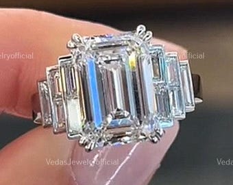 3.5 CT Emerald Cut Moissanite Seven Stone Engagement Ring Anniversary Gift Ring 14K yellow Gold Ring Anniversary Gift Handmade Jewelry