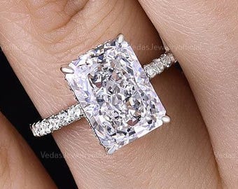 4CT Radiant Cut Moissanite Engagement Ring, Radiant Cut Hidden Halo Moissanite Ring, Art Deco Wedding Ring, Pave Moissanite Ring