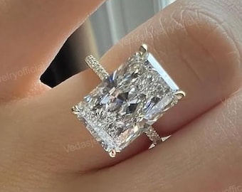 Hidden Halo Engagement Ring, IGI Certified Radiant Cut Lab Grown Diamond, Invisible Halo-Pave Wedding Ring, Handmade Jewelry