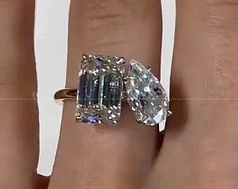 Emerald Pear Moissanite Toi et Moi Ring: Sterling Silver Floral Engagement