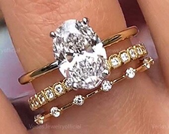 3.00 CT Oval Shaped Moissanite Trio Bridal Ring Set Engagement ring set yellow gold Diamond Oval Wedding ring Oval Bridal Anniversary ring