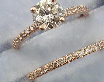 14K Round Moissanite Ring Set Solid Gold Engagement Ring Set High Quality Wedding Ring Set Stacking Ring Bridal Ring Set Promise