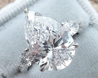 5Ct Pear Moissanite Three Stone Ring Pear Moissanite Engagement Ring Pear Cut Moissanite Ring Side Pear Diamond 3 Stone Ring Proposal Ring