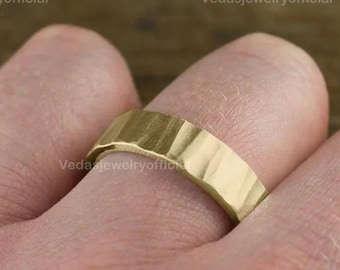 14k Yellow Gold Hammered Wedding Band – Flat Classic Ring for Men and Women – Solid Gold Simple Wedding Jewelry – Perfect Wedding Gift