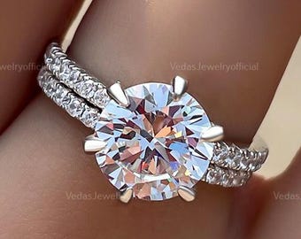 2.00 CT Round Cut Engagement Ring Set, Moissanite Bridal Full Eternity Band, Solitaire Anniversary Gift for Her