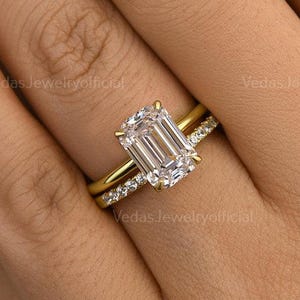 3 CT Emerald Cut Moissanite Engagement Ring Set Yellow Gold Round Band Unique Claws Hidden Halo Anniversary Bridal Set Wedding Ring Set 2PCS