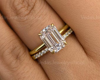 3 CT Emerald Cut Moissanite Engagement Ring Set Yellow Gold Round Band Unique Claws Hidden Halo Anniversary Bridal Set Wedding Ring Set 2PCS