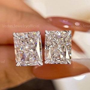 Radiant Cut Moissanite Stud Earrings: 14k Gold, 3TCW