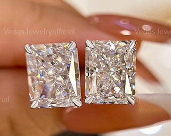 Radiant Cut Moissanite Stud Earrings: 14k Gold, 3TCW