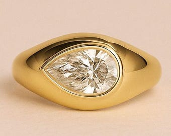Pear Cut Bezel Set Flat Band Solitaire Ring, Tear Drop Colorless Moissanite Engagement Ring,Single Diamond Thick Band Wedding Ring For Women