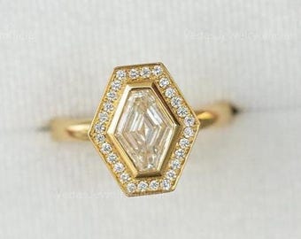 1 CT Lozenge moissanite Ring, Lozenge Shape Halo Engagement Ring, Moissanite Diamond Ring, 14K Yellow Gold Ring, Open Halo Ring