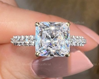 2 CT Cushion Cut Moissanite Engagement Ring, Classic Pave Solitaire with Hidden Halo, Perfect Promise Ring & Anniversary Gift