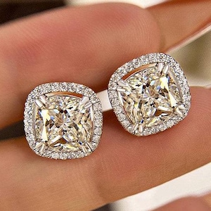 Cushion Cut Moissanite Earrings, Halo Bridal Earrings for Women, Perfect Wedding Jewelry, Anniversary Gift for Her