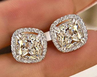Cushion Cut Moissanite Earrings, Halo Bridal Earrings for Women, Perfect Wedding Jewelry, Anniversary Gift for Her