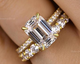 3 CT Emerald Cut Moissanite Wedding Ring Set, Unique Hidden Halo Bridal Ring Set, Bridal Ring With Single Band, Pave Ring Set Gift For Her