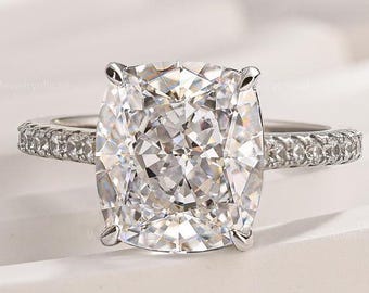 3CT Elongated Cushion Cut Moissanite Engagement Ring, Cushion Cut Solitaire Ring, Cushion Cut Hidden Halo Ring, Diamond Wedding Ring